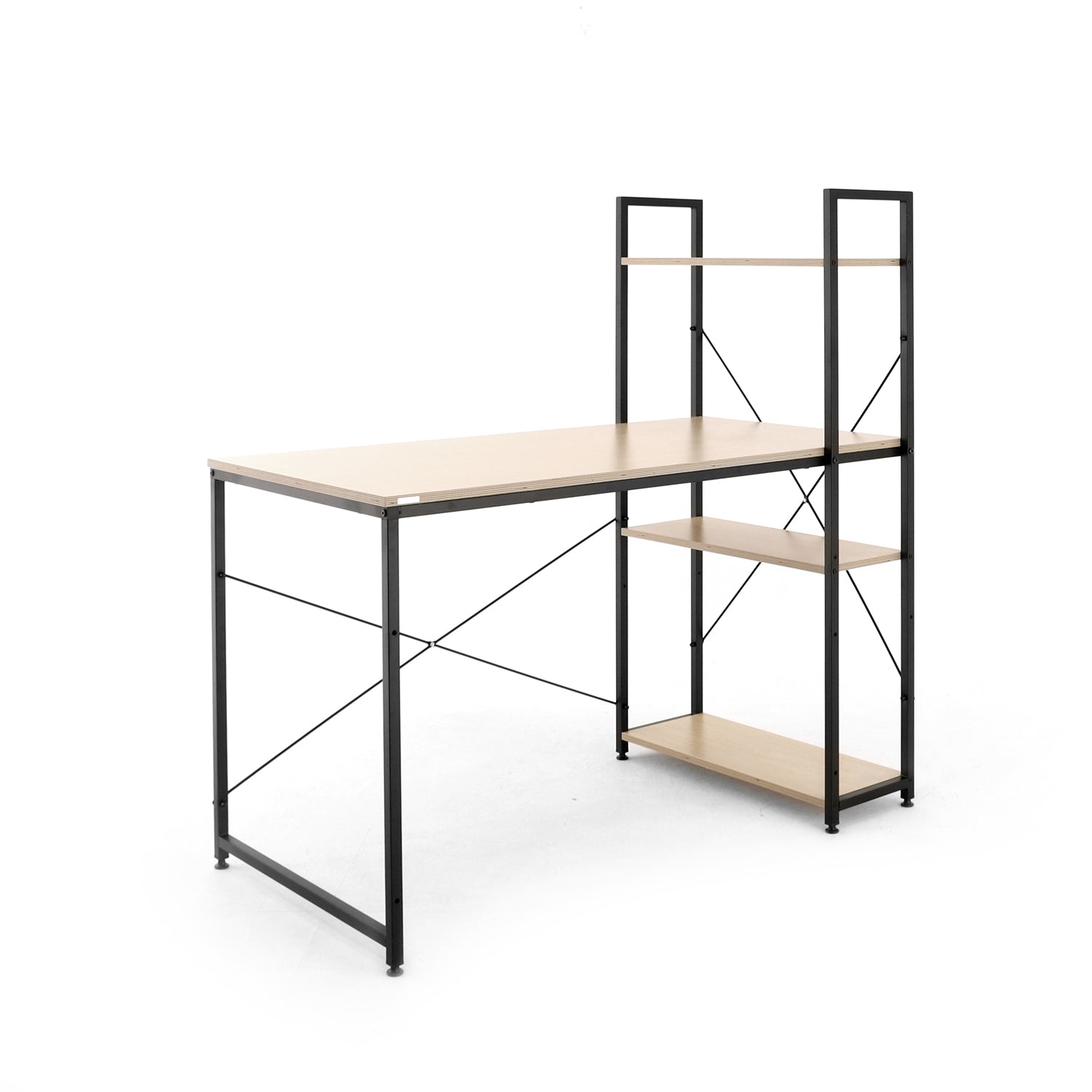 SOFSYS modern industrial computer desk and built in bookshelf with oak table top and black metal frame. great workstation for any space