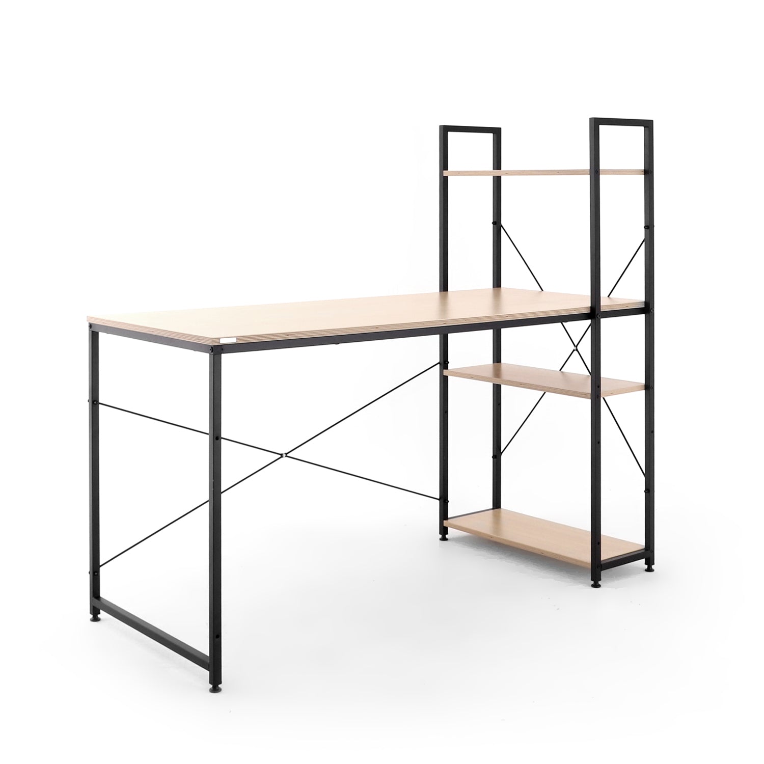 SOFSYS modern industrial computer desk and built in bookshelf with oak table top and black metal frame. great workstation for any space