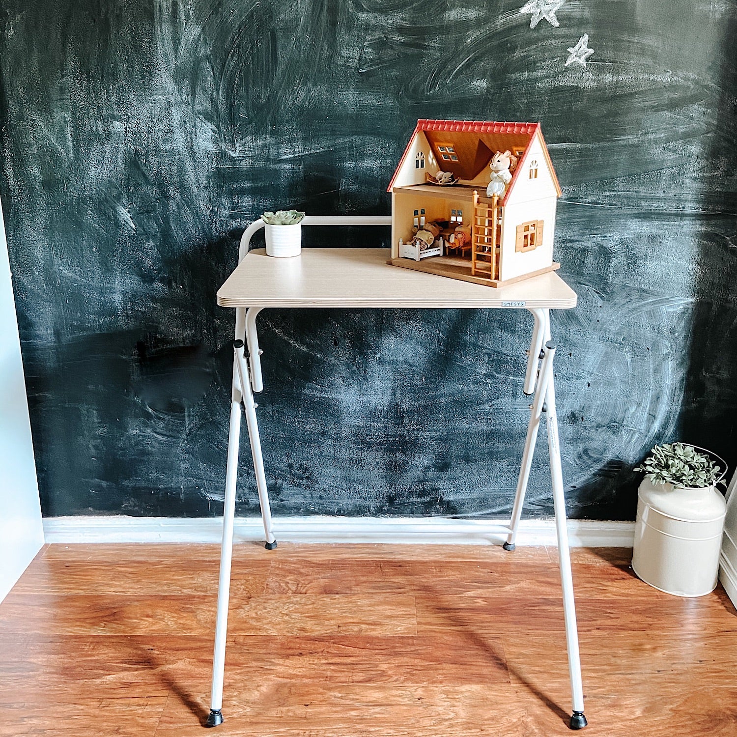 SOFSYS simple modern folding desk with oak table top and white metal frame. portable, stylish, and small space saving design