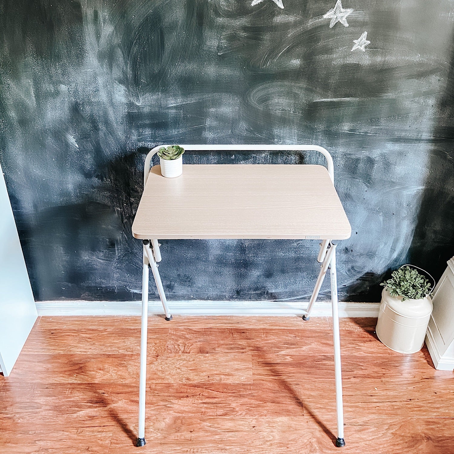 SOFSYS simple modern folding desk with oak table top and white metal frame. portable, stylish, and small space saving design