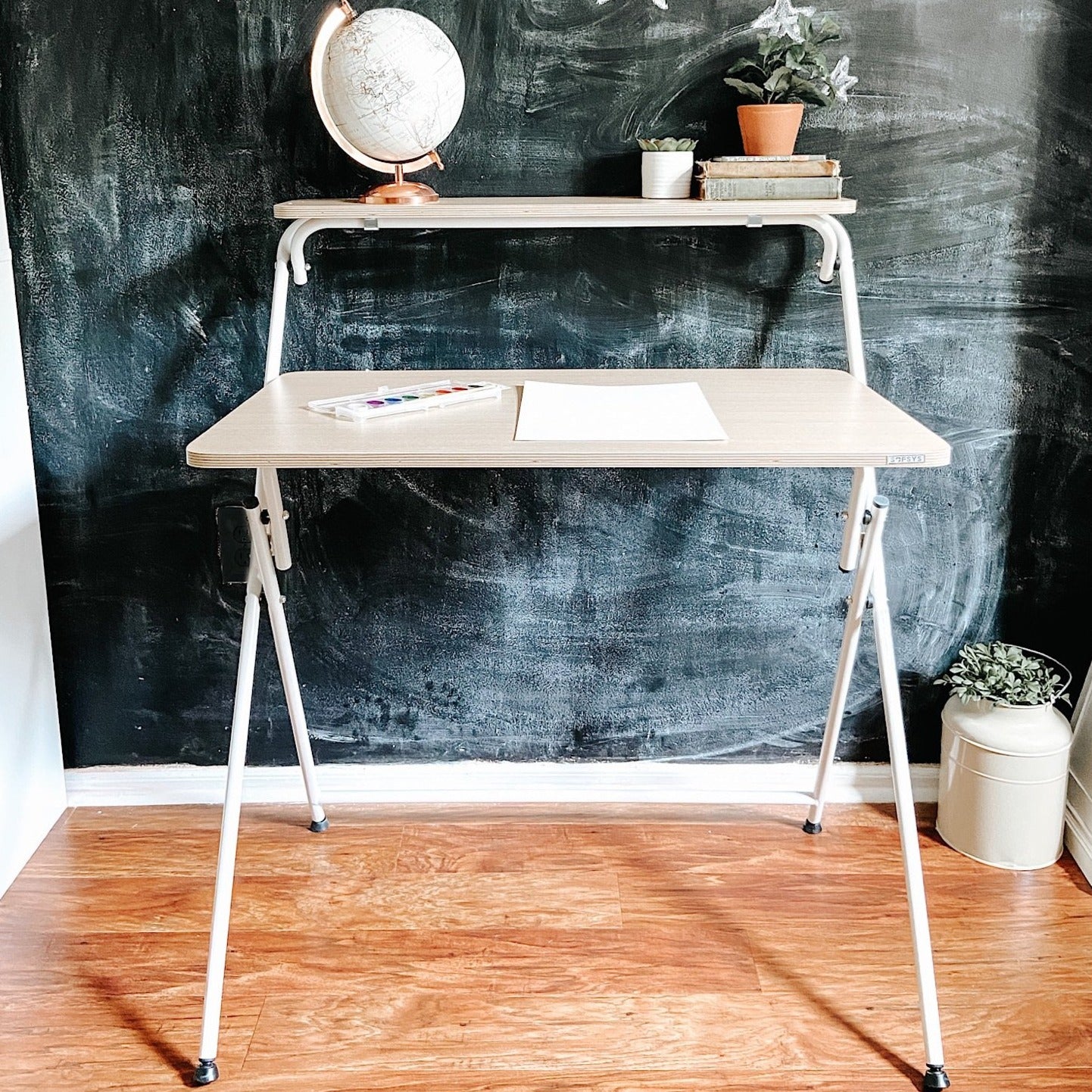 SOFSYS simple modern folding desk with oak table top and white metal frame for writing, crafting, working in small space, home office or dorm