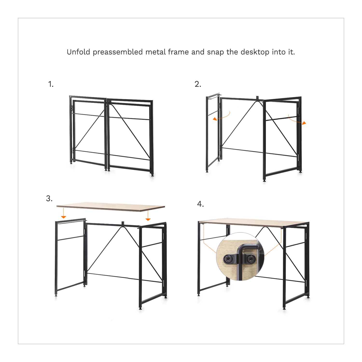SOFSYS modern industrial folding desk with easy assembly - unfold preassembled metal frame and snap the desk top into it