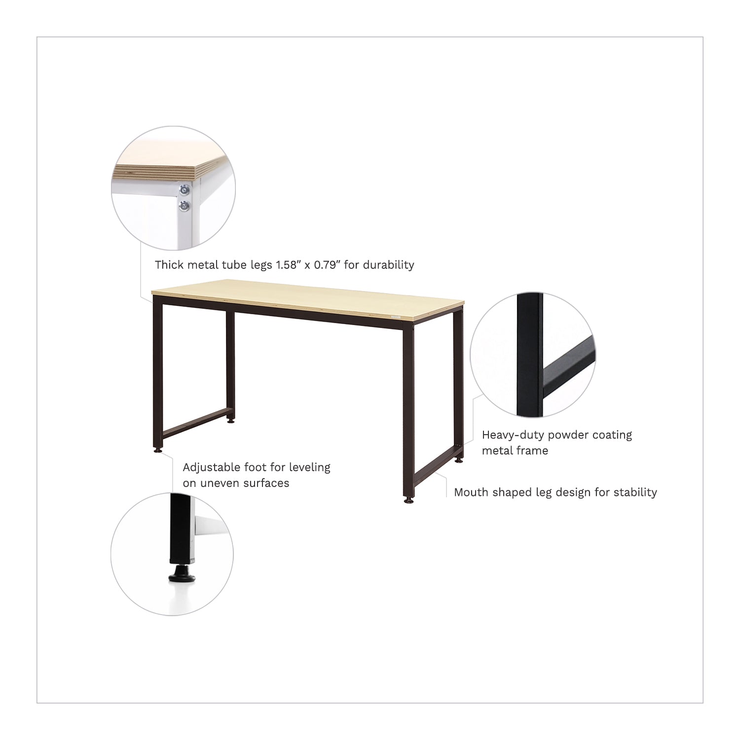 SOFSYS modern industrial design computer desk with simple oak top, heavy duty metal frame and adjustable feet for stability