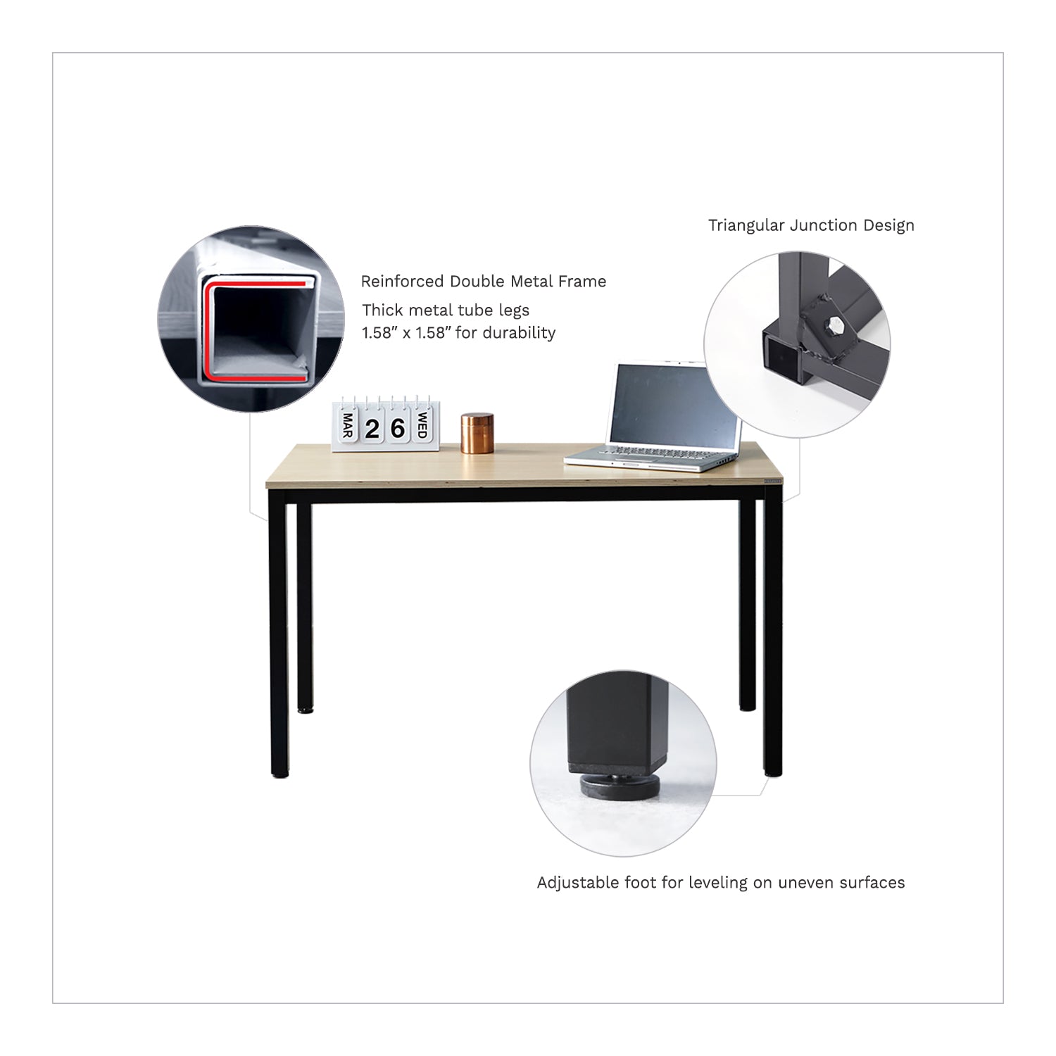 SOFSYS modern industrial home office desk table with oak top, reinforced double metal frame, and adjustable feet for stability
