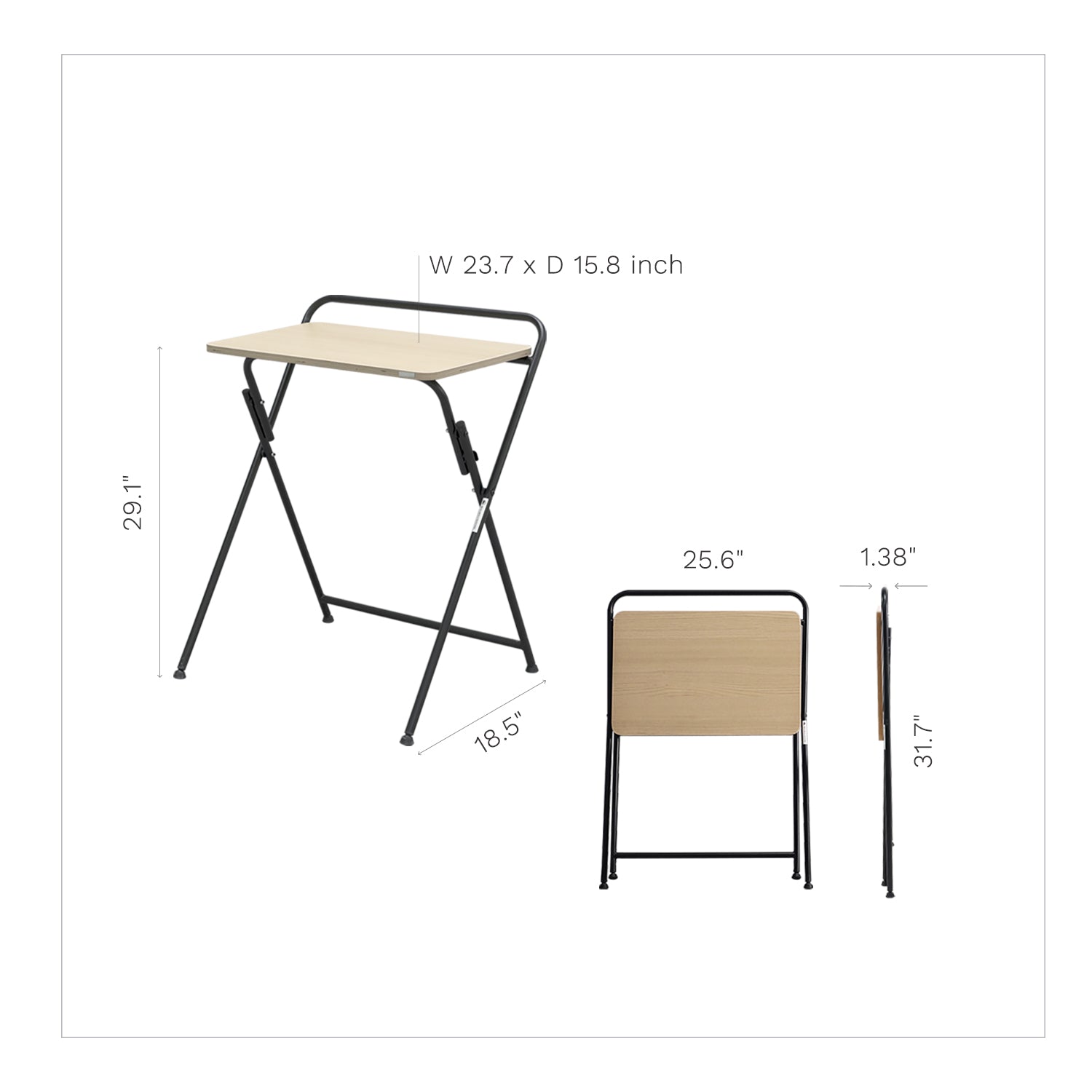 SOFSYS modern industrial folding desk for computer made with simple 23.7 inch oak table top and minimalist, foldable metal frame preassembled