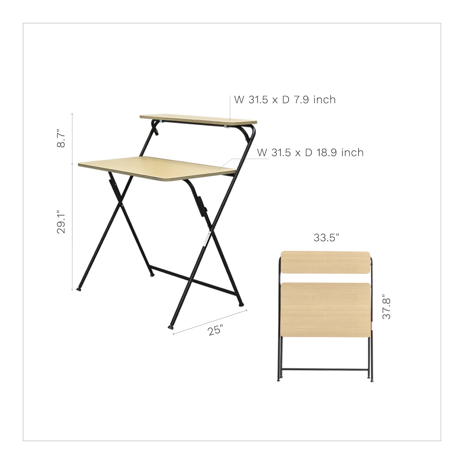 SOFSYS modern industrial two tiered folding desk made with simple 31.5 inch oak table top and minimalist, foldable metal frame