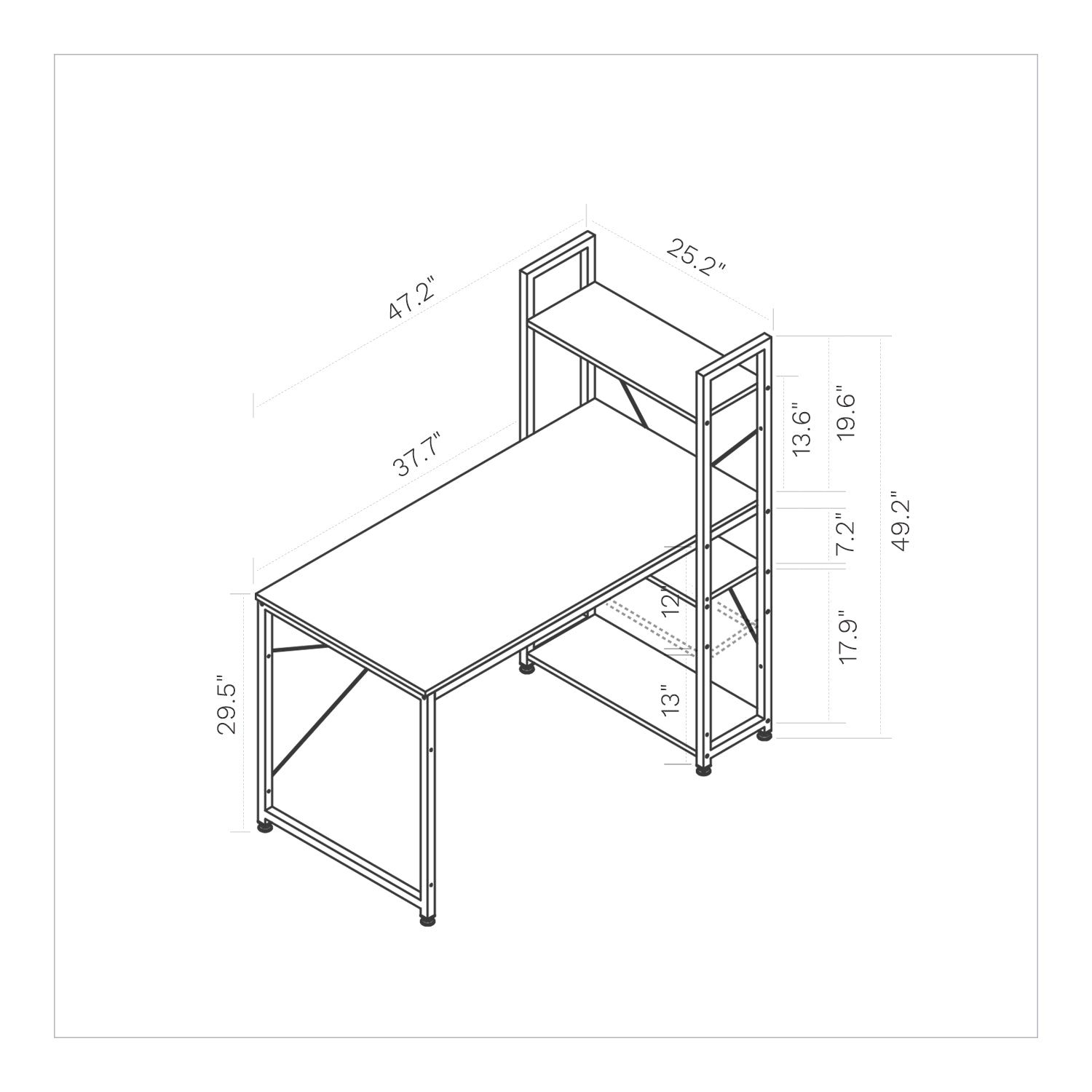 SOFSYS modern industrial computer desk with 47.2” x 25.2” oak table top and 49.2” tall multi tiered bookshelf. stylish and functional