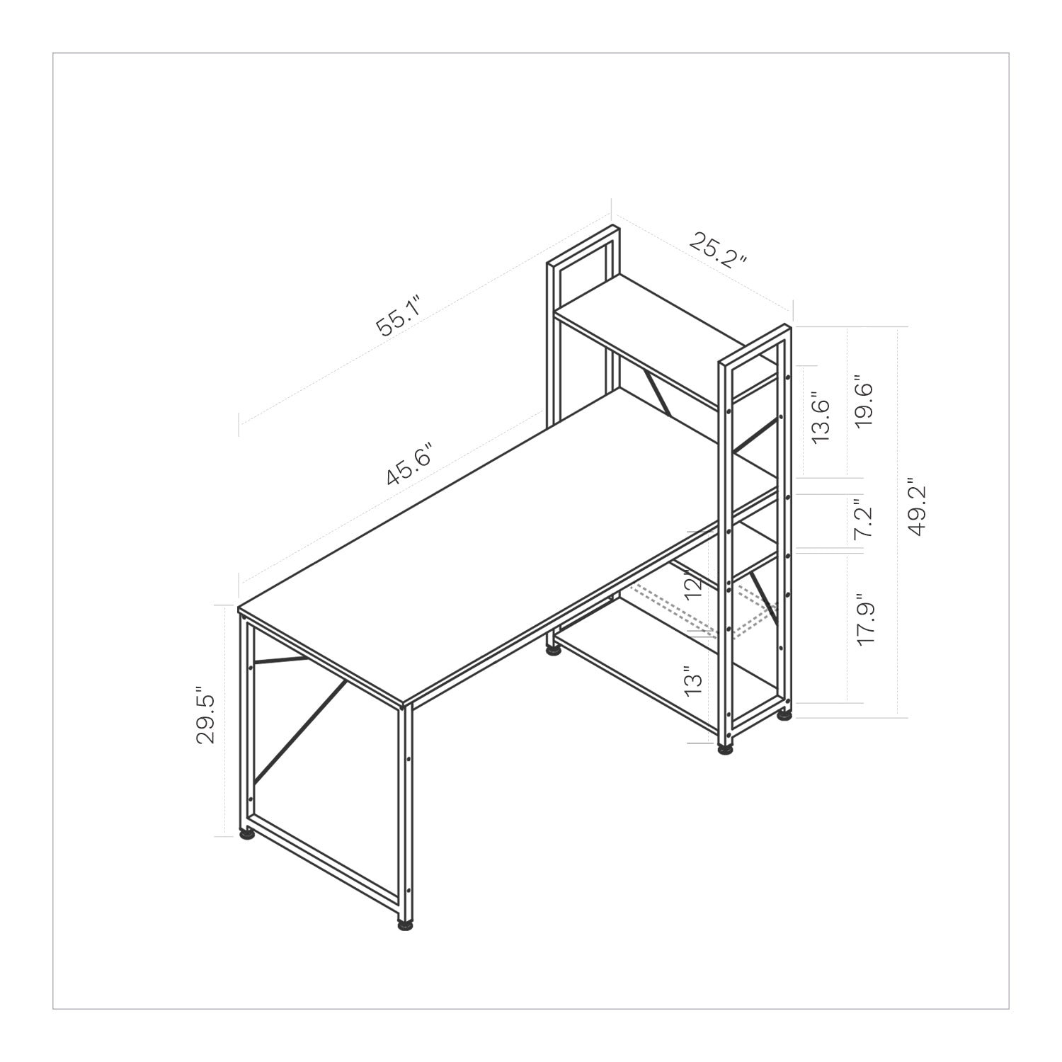 SOFSYS modern industrial computer desk with 55.1” x 25.2” oak table top and 49.2” tall multi tiered bookshelf. stylish and functional