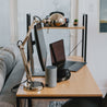 SOFSYS modern industrial computer desk and built in bookshelf with oak table top and black metal frame. great workstation for any space