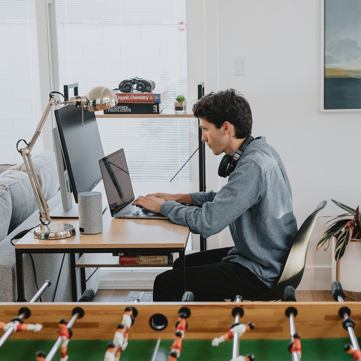 SOFSYS modern industrial computer desk with built in bookshelf to turn any small space into stylish home office and organized workspace