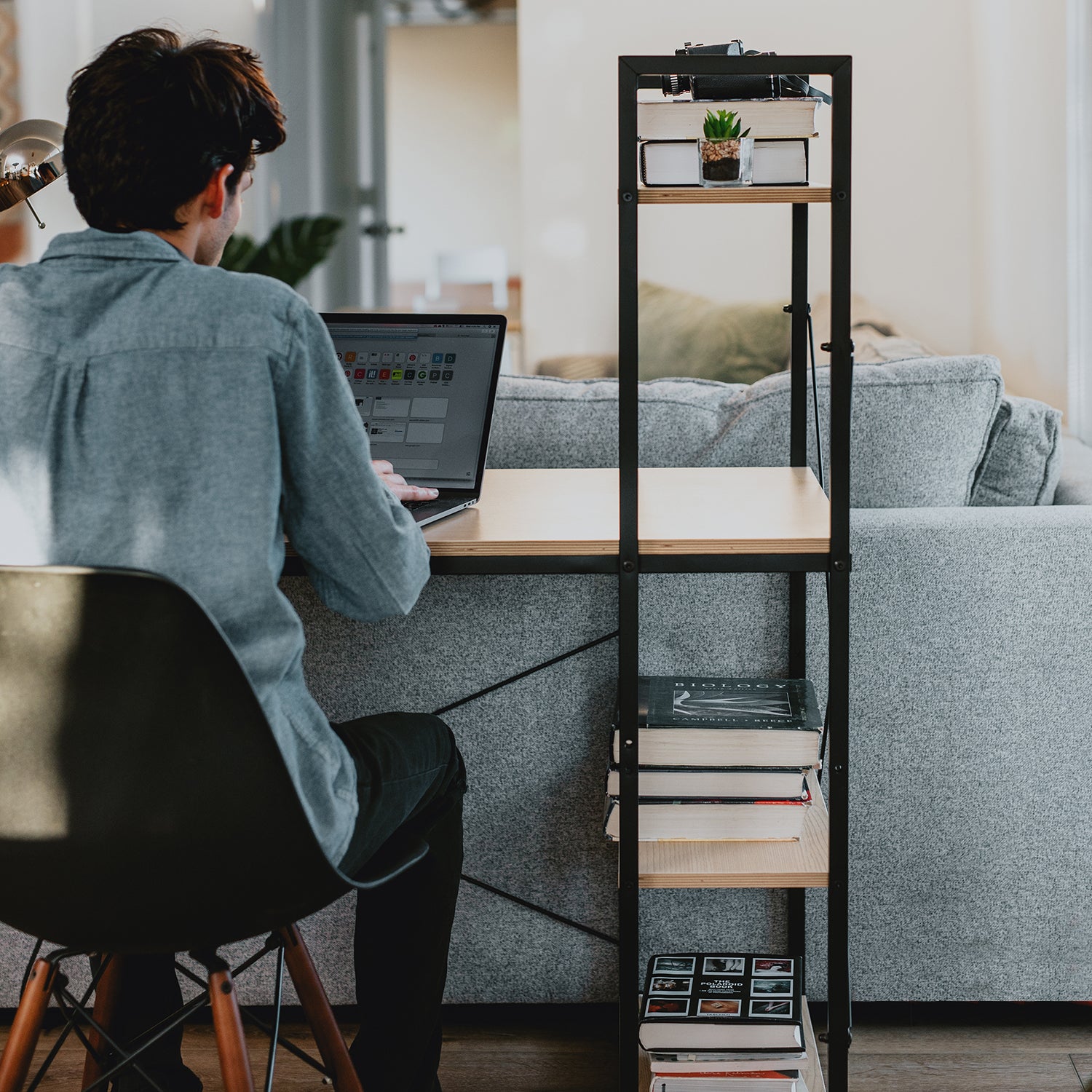 SOFSYS modern industrial computer desk and built in bookshelf with oak table top and black metal frame. great workstation for any space