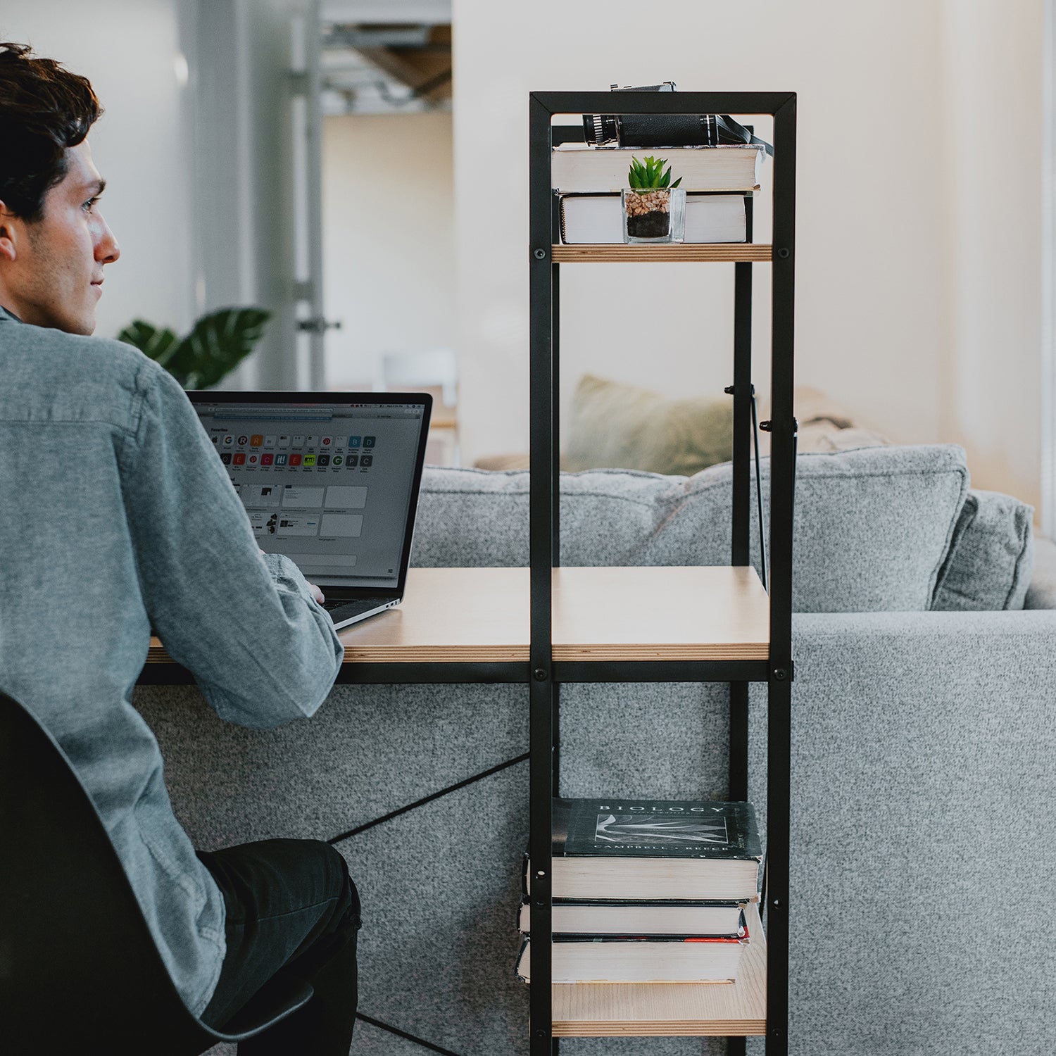 SOFSYS modern industrial computer desk with built in bookshelf to turn any small space into stylish home office and organized workspace