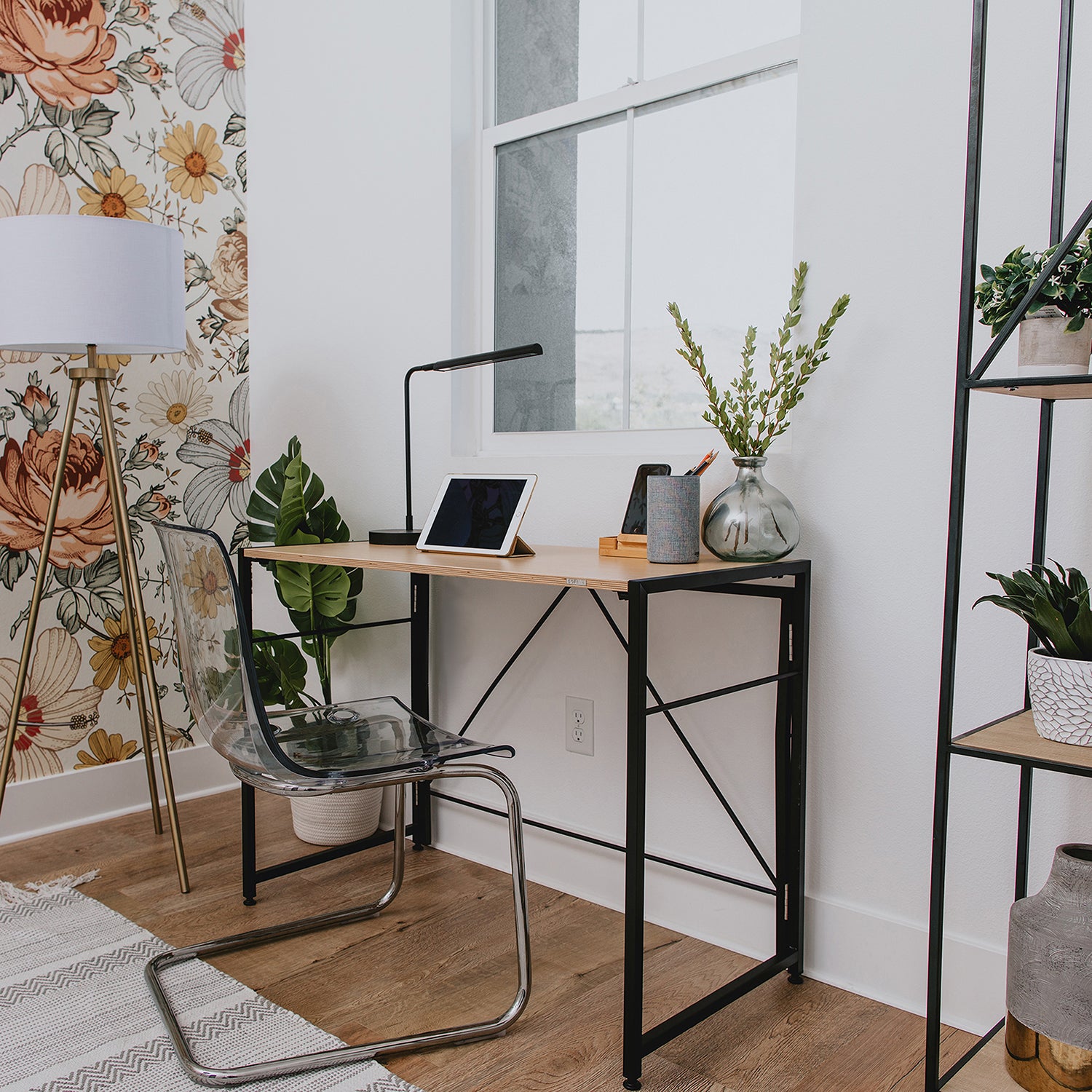 SOFSYS simple modern folding desk with oak table top and black metal frame for functionality, versatility, and minimalist style