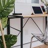 SOFSYS simple modern folding desk with oak table top and black metal frame for laptop, computer, working in small space or home office