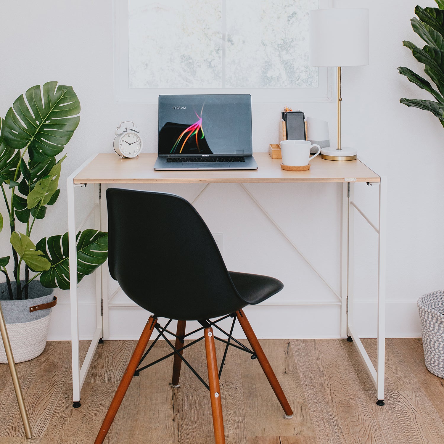 SOFSYS simple modern folding desk with oak table top and white metal frame for laptop, computer, working in small space or home office