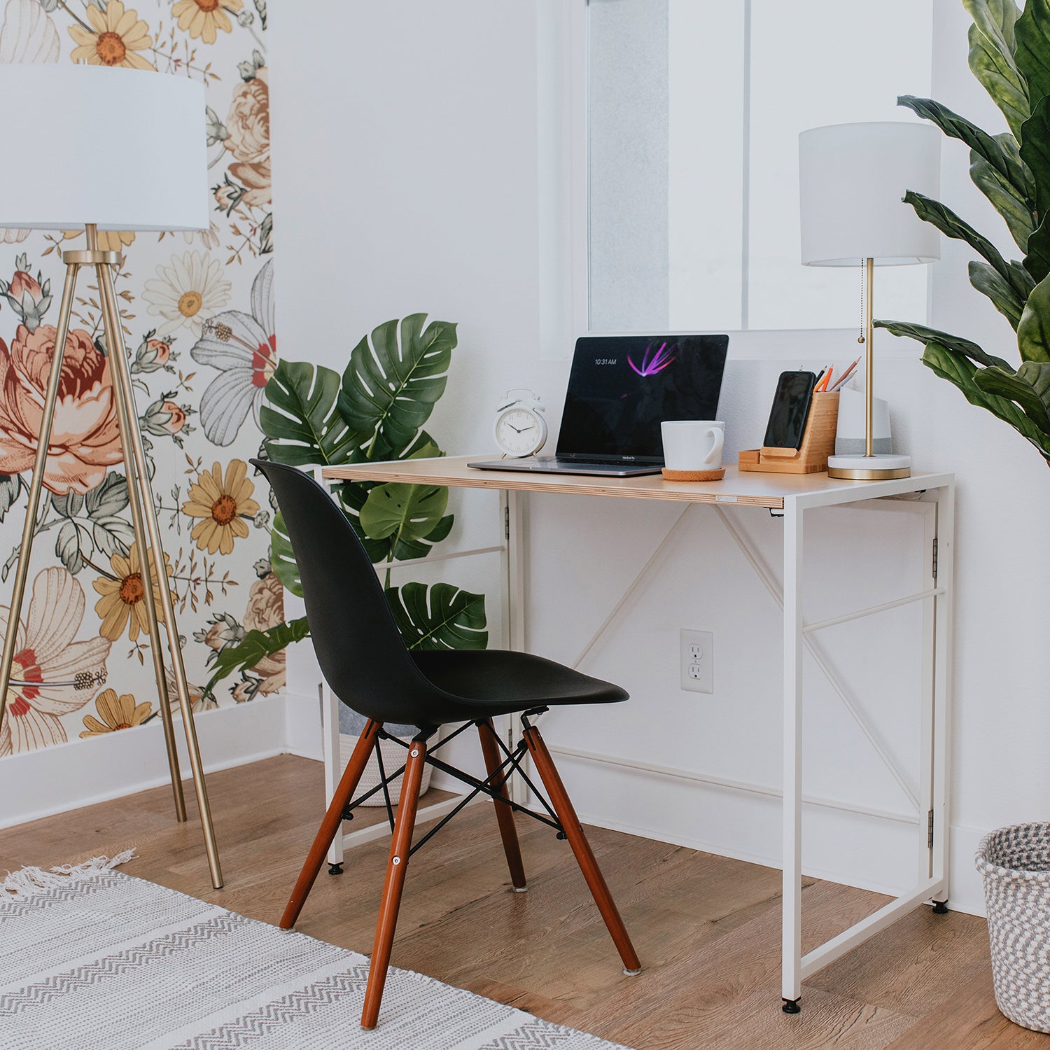 SOFSYS simple modern folding desk with oak table top and white metal frame for laptop, computer, working in small space or home office