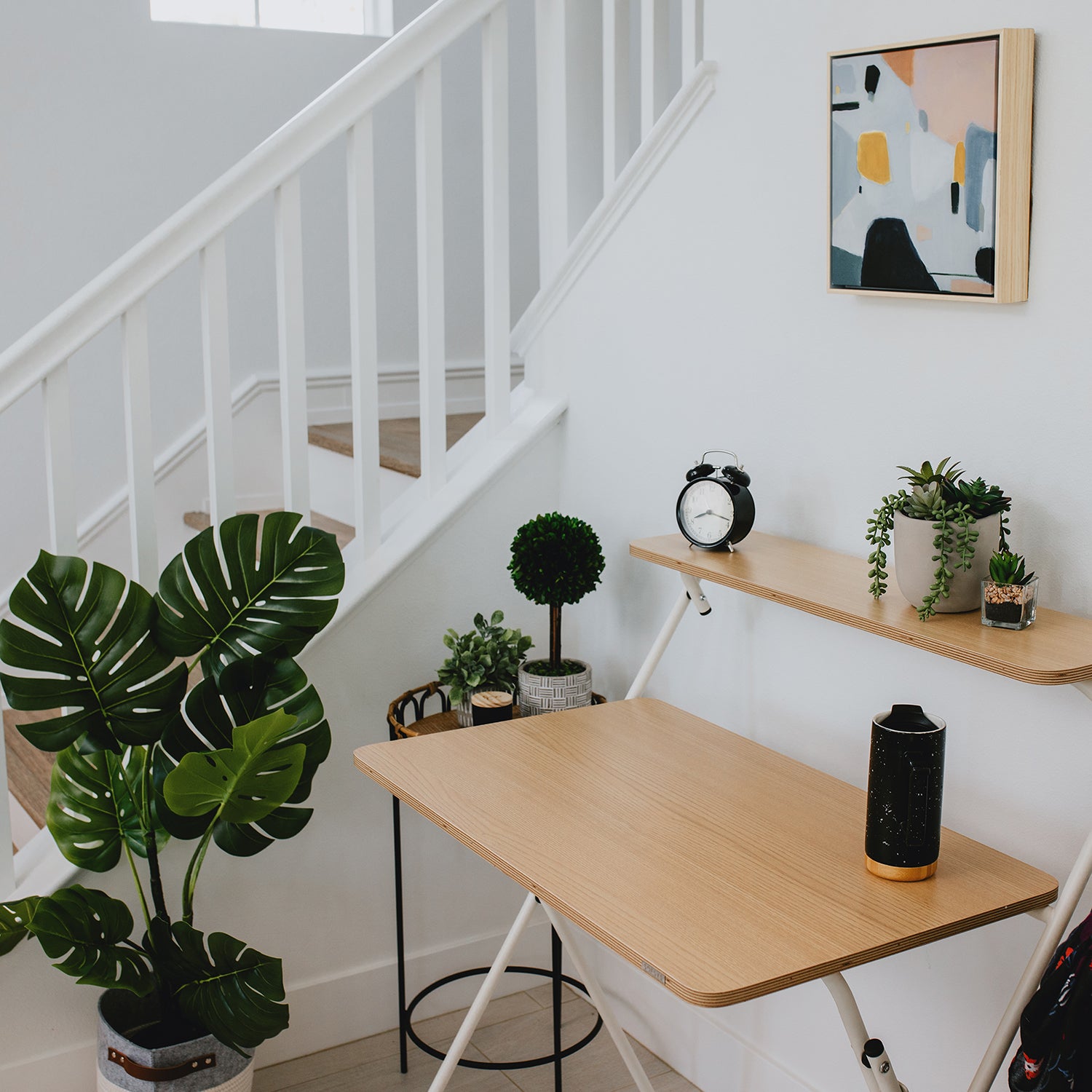 SOFSYS simple modern folding desk with oak table top and white metal frame for functionality, versatility, and minimalist style