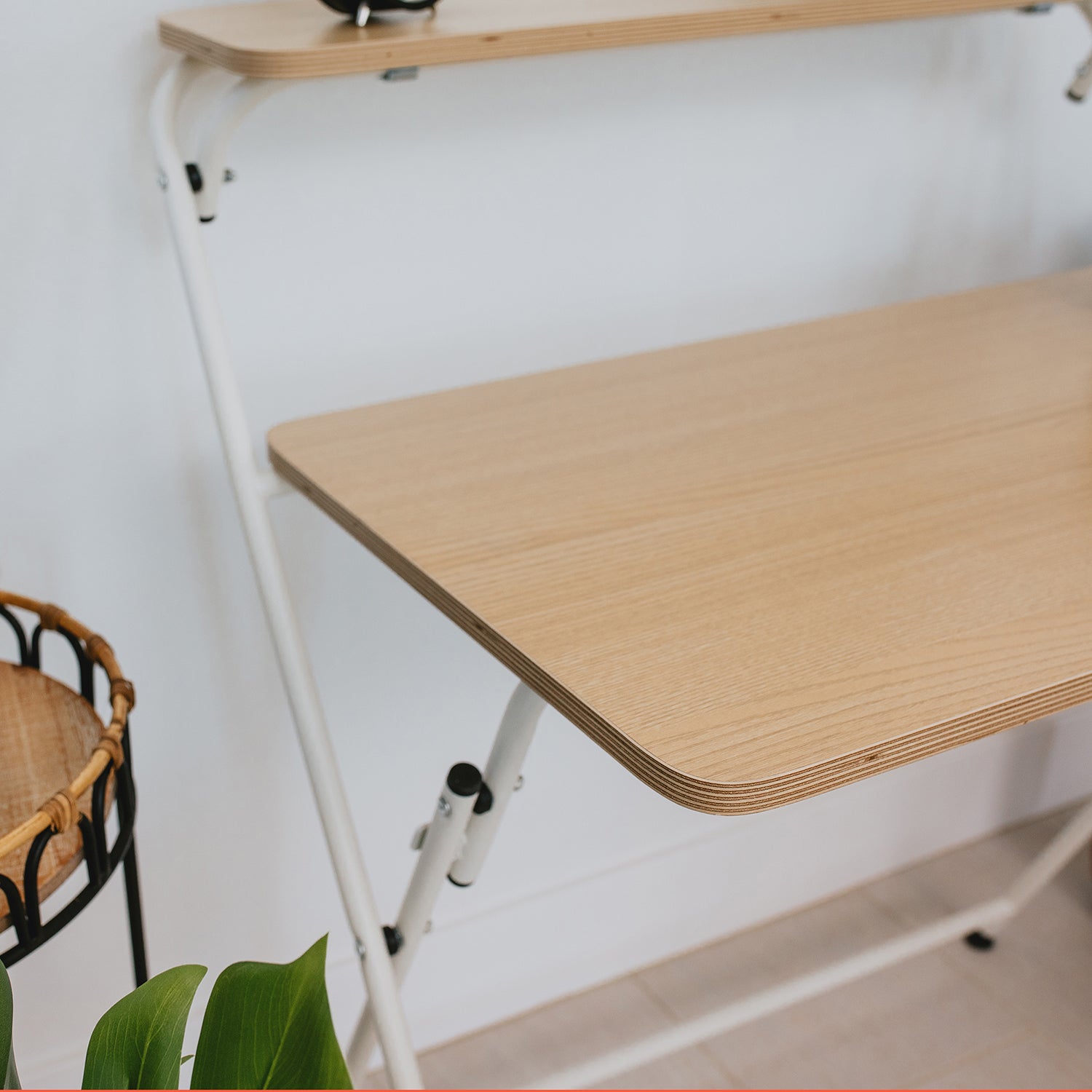 SOFSYS simple modern folding desk with oak table top and white metal frame. versatile, stylish, and small space saving design