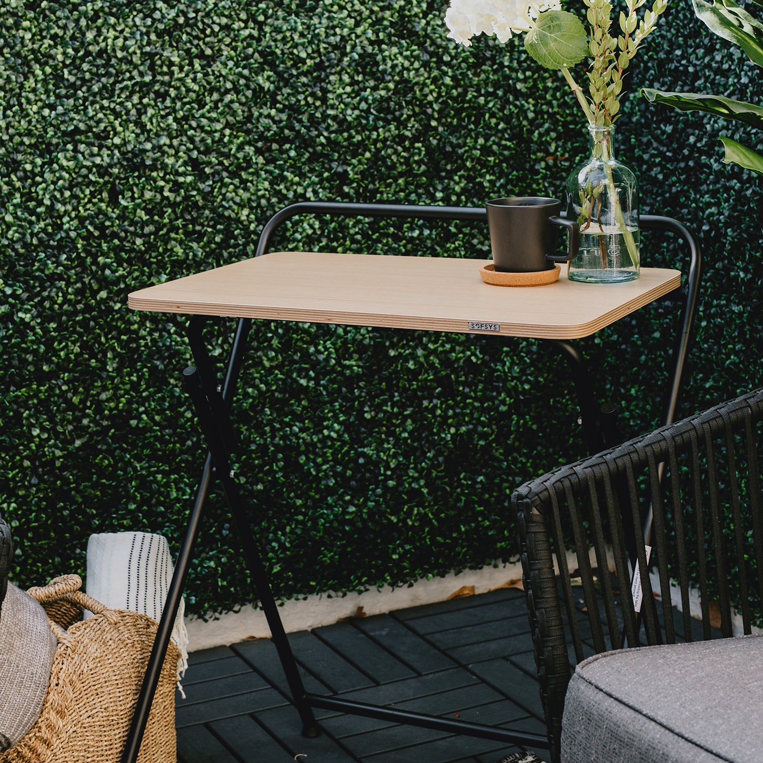 SOFSYS simple modern folding desk with oak table top and black metal frame. portable, stylish, and small space saving design