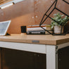 SOFSYS modern industrial computer desk with oak table top and white metal frame. simple stylish desk for working, gaming, writing, more