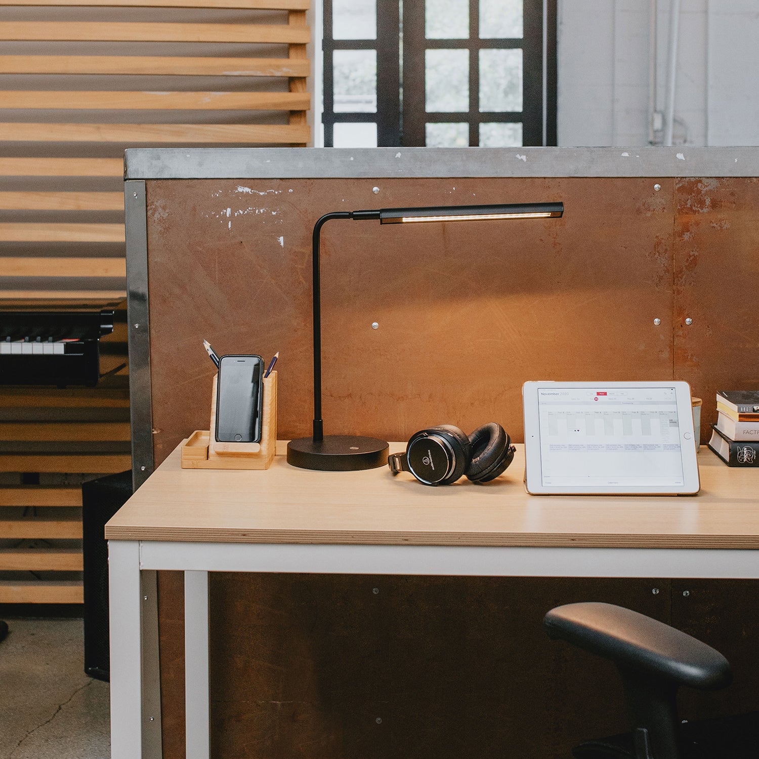 SOFSYS modern industrial computer desk with oak table top and white metal frame. simple stylish desk for working, gaming, writing, more