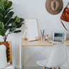 SOFSYS simple modern folding desk with oak table top and white metal frame for writing, crafting, online classes in small space, dorm or home office