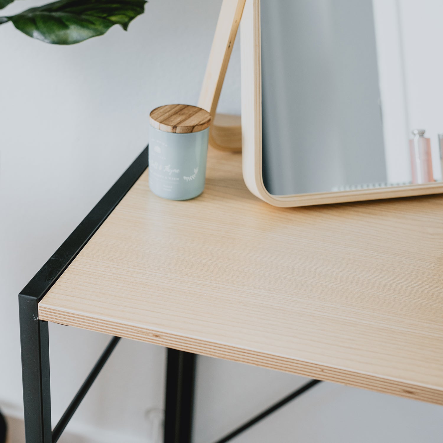 SOFSYS simple modern folding desk with oak table top and black metal frame for functionality, versatility, and minimalist style